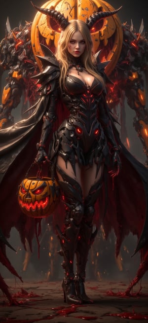 A vampire maid with horns, blonde ombre hair, and an ominous aura, red flames inside her body. She wears high heels, a vampire cloak, and holds a Jack-o'-lantern bucket. Text Jeng-Lord appears. Standing in front of a megasize Jack-o'-lantern background, with wine and flaming splashes. Intricate rendering details, horror atmospheric environment. Inspired by JengLord, optimized for Lux render.,Lux render optimizing
