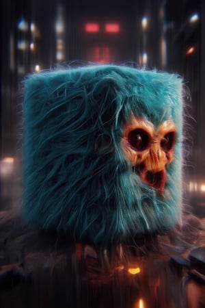 A creature is a fluffy cube character in a vibrant turquoise blue fur with lively expressions, with eyes and lipstick wide smiley mouth, 3d intricate,  crimson muscles and veins inner intricate render,   At a flame jungle, Ambient occlusion, octane render, Lux render, Unreal engine optimization (textures).