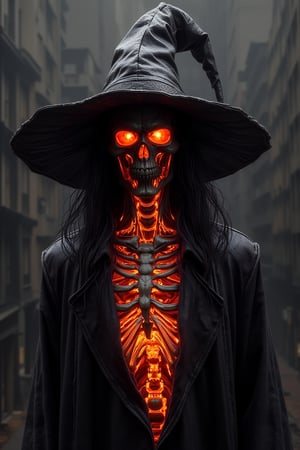 A skeleton witch wearing witch hat, flame inner intricate 