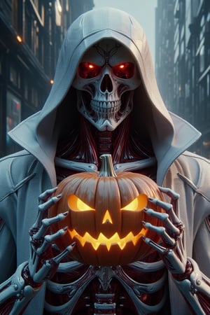 A detailed close-up of a Cybernetic skeleton, adorned with a sleek LaTeX-ceramic cloak, holding a glowing Jack-o'-lantern in its metallic hand. The scene is illuminated by the eerie light from the pumpkin, casting dramatic shadows on the cloak. The composition is centered, with the skeleton's glowing eyes and the Jack-o'-lantern's face drawing attention. Neutral realistic day Lighting , enhancing the futuristic and spooky atmosphere. Inner intricate rendering details, SSAO,
Ambient occlusion, Octane render, cycles 4d rendering ( for the textures), Version 7 cry engine optimization.