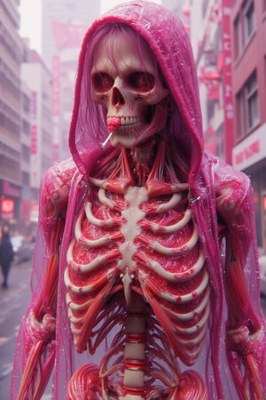 Hyper realism, A mechanical mecha skeleton eating a lollipop, pinky coloured , pink wearing a hoodie made from candy, hold a lollipop candy, candy back pack, candy intricate rendering details, candy world background.