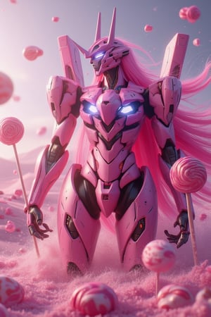 A mecha Evangelion with long pink hair, holding intricate candy spears made from lollipops. The mecha wears a lollipop backpack, standing in a vibrant, candy-themed world. The scene is framed with dynamic lighting, capturing the mecha's powerful pose against a bright, candy-colored background.,\uD83E\uDD16\uD83C\uDF1F, (Shading and Lighting using Phong shading, Gouraud shading, and Blinn-Phong shading, mirror reflections shading, Rendering), ambient occlusion, cycles 4d render, octane render, V-Ray render, unity, 7d cryengine 7 optimization, 124k Ultra HD resolution.