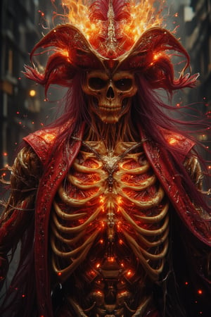 A golden Horror Pirates , wearing Luffy Straw hat, longer crimson haired, burning flame comes out from eyes and whole body, wearing a high boots, big crimson neckless pendants, glowing flame inside body, golden intricate render, wearing pirates cloak made from ceramic LaTeX, hold a gold coins, horror ship Atmospheric with wine splatters background .