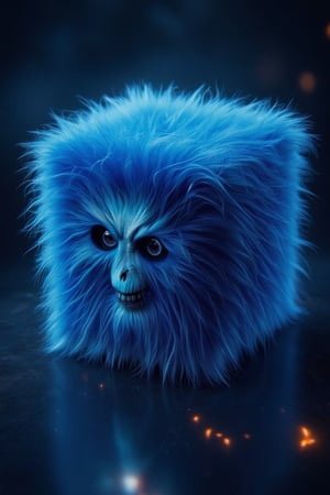 A blue cubic cube skull called (ten ten), with eyes and smiley mouth,  full soft blue fur intricate. At a flame jungle,