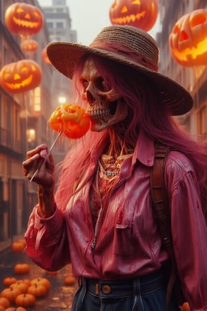 Hyper realism a old lady, wearing a farmer hat, pinky coloured, hold eating a Jack-o'-lantern lollipop and the other hand is holding a Jack-o'-lantern balloons, longer pinky haired, , wearing pinky ceramic shirt , holding a big Jack-o'-lantern back backpacks, Megasize Jack-o'-lanterns world background.,Lux render optimizing 