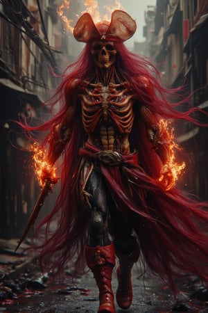 An abstract Horror  Pirates , wearing a farmer Straw hat, longer crimson haired, burning flame comes out from eyes and whole body, wearing a high boots, big crimson neckless pendants, glowing flame inside body, golden intricate render, wearing pirates cloak made from ceramic LaTeX, hold a long blade sword, red wines effect, horror ship Atmospheric with red wines splatters trough the background .