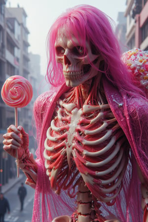 Hyper realism, A mechanical mecha skeleton hold eating a lollipop, pinky coloured , longer pinky haired, wearing pinky ceramic a hoodie cloak , holding a big lollypop's candy back pack, candy castle world background.