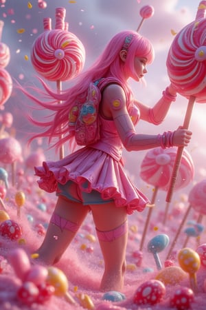 A vibrant, candy-themed world with Evangelion character, long pink hair, holding intricate candy spears made from lollipops. The character wears a lollipop backpack, standing in a colorful candy landscape. The scene is framed with dynamic lighting, capturing the character's action-packed pose against a bright, candy-colored background.,\uD83E\uDD16\uD83C\uDF1F, (Shading and Lighting using Phong shading, Gouraud shading, and Blinn-Phong shading, mirror reflections shading, Rendering), ambient occlusion, cycles 4d render, octane render, V-Ray render, unity, 7d cryengine 7 optimization, 124k Ultra HD resolution.