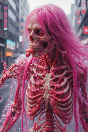 Hyper realism, A mechanical mecha skeleton hold eating a lollipop, pinky coloured , longer pinky haired, wearing pinky ceramic a hoodie cloak , candy back pack, candy world background.