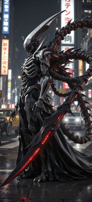 an apex space xenomorphm_xenoblade skull humanoid , exo_skelton  in the style of sci-fi grandeur armour, razor blades tails, by JengLord, realism accuracy, pigeoncore, kimoicore, polycarbonate texture, Tokyo city streets background, iconic photography, ceramic effect, ricoh r10 --ar 3:4 --c 02 --niji 6 --style raw--