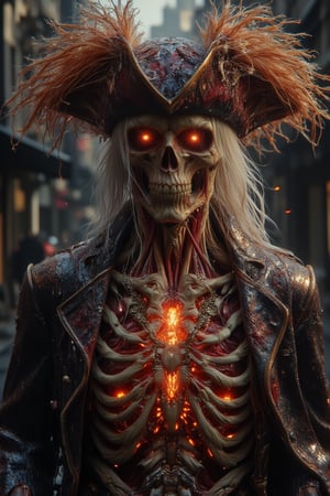 A Horror Pirates , wearing Straw hat hat, longer white haired,  red eyes, wearing big neckless, glowing flame inside body, golden intricate render, wearing pirates cloak made from ceramic, hold a gold coins, voodoos, horror ship Atmospheric with wine splatters background .