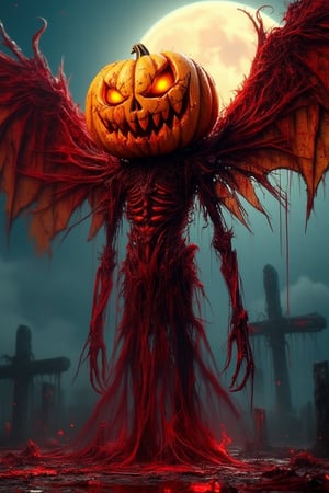 A Jack-o'-lantern hybrid vampire,  half-transformed, winged, long fangs, with glowing orange eyes and sharp longer fangs, flaming red inside body intricate, red ink splattering through the body, standing in a moonlit graveyard, eerie fog swirling around, dramatic lighting, close-up shot, intricate pumpkin carving details, red wine splatters trough with a dark  and moody atmosphere, intense expression, sharp focus, gothic composition.,Lux render optimizing 