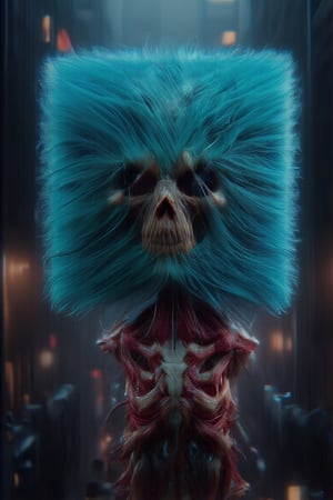 A creature is a skull fluffy cube character in a vibrant turquoise blue fur with lively expressions, with eyes and lipstick wide smiley mouth, 3d intricate,  crimson muscles and veins inner intricate render,   At a flame jungle, Ambient occlusion, octane render, Lux render, Unreal engine optimization (textures).