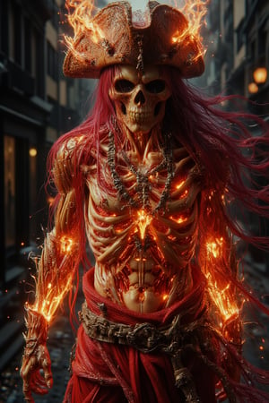 A golden Horror Pirates , wearing Luffy Straw hat, longer crimson haired, burning flame comes out from eyes and whole body, wearing a high boots, big crimson neckless pendants, glowing flame inside body, golden intricate render, wearing pirates cloak made from ceramic LaTeX, hold a gold coins, horror ship Atmospheric with red wines splatters trough the background .