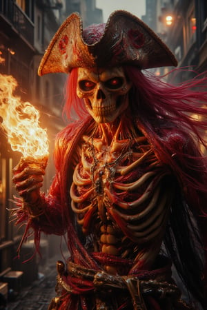 A golden Horror Pirates , wearing Luffy Straw hat, longer crimson haired, burning flame comes out from eyes and whole body, wearing a high boots, big crimson neckless pendants, glowing flame inside body, golden intricate render, wearing pirates cloak made from ceramic LaTeX, hold a gold coins, horror ship Atmospheric with red wines splatters trough the background .