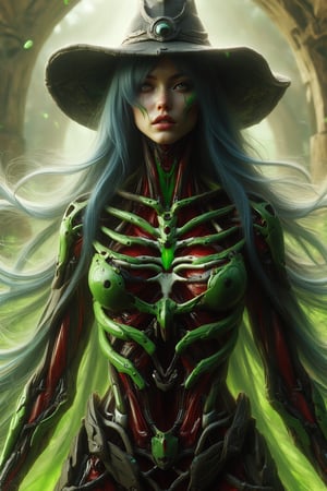  a witch goddess hybrid, blue ombre haired, oily Wheatish coloured tone, wearing witch hat , wearing black LaTeX-cotton cloak, evangelion hyper nano ceramics technology armoured,  crimson muscles and veins inner intricate render, neon green painting splash trough her body, calcium carbonate textures, she's hold a big bottle of potion with neon green liquid inside, she's standing at abstract old cottage with green splash liquid surrounding the background, ambient occlusion, octane render, V-Ray render, unreal engine 5 optimization 