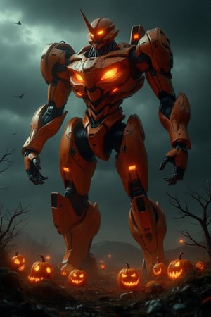 A towering Jack-o'-lanterns Mecha, intricately designed with glowing pumpkin features, standing in a dark, eerie landscape. The scene is framed with dramatic lighting, highlighting the mecha's menacing pose and fiery eyes against a shadowy background.,an evanglion mecha 