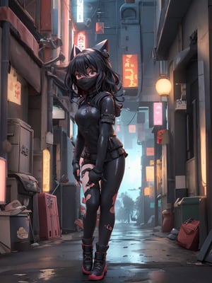 A young girl, masked and dressed as a stealthy ninja, crouches low to the ground in a dark alleyway. The dimly lit streetlights cast long shadows behind her, while the city's neon signs reflect off the wet pavement. She peers around a dumpster, her eyes fixed intently on something only she can see.