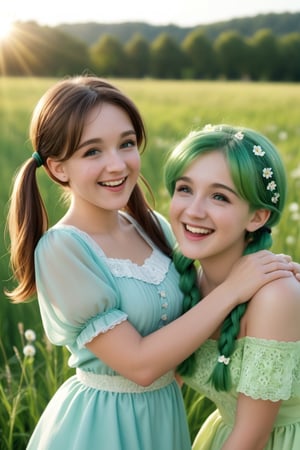 Soft focus captures three innocent girls laughing and playing together in a sun-drenched meadow. The warm glow of the setting sun casts a gentle light on their joyful faces. One girl tosses another's pigtails, while the third looks on with a sweet smile. Green grass and wildflowers surround them, adding to the whimsical atmosphere.