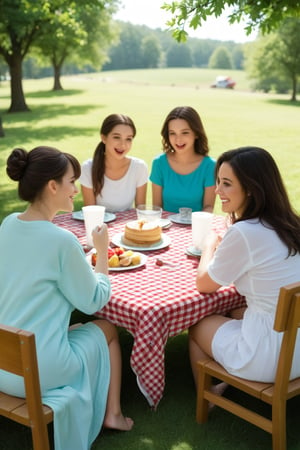 A nostalgic and wholesome scene unfolds: Innocent girls - a group of carefree children, aged 6-12, gather around a rustic wooden table or colorful picnic blanket. The framing features a shallow depth of field, blurring the background as they laugh and play together. Soft sunlight casts warm shadows, accentuating their joyful faces. The composition is playful, with girls in various poses - some sitting, others standing - as they share a game or story. The innocence and camaraderie shine through, inviting the viewer to join in on the fun.