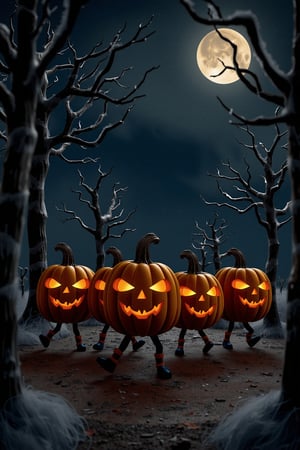 A whimsical Halloween scene: a group of jack-o'-lanterns, their faces aglow with warm orange light, take to the dance floor. The pumpkins' stems sway in unison as they move to an eerie, pulsing beat. Against a dark, starry night sky, the pumpkins are set against a backdrop of cobweb-covered trees and a full moon. Their dancing feet seem to be tapping out a spellbinding rhythm.