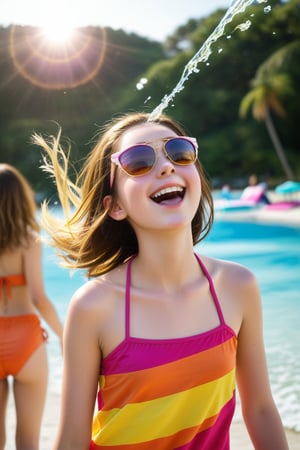 A vibrant summer scene: a young girl with bright pink swimwear and matching sunglasses, playfully splashing water from her hands onto the camera lens. The warm sunlight casts a golden glow on her sun-kissed skin as she tilts her head back in joyful abandon. A blurred beach background with colorful towels and inflatables adds to the lively atmosphere.