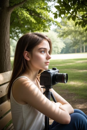 A contemplative young girl sits alone on a worn wooden bench, her arms crossed in front of her as she tilts her head to the side. Her eyes are cast downward, lost in thought, with a gentle furrow between her brows. Soft morning light filters through the nearby trees, casting dappled shadows across her profile.