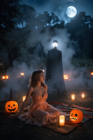 A whimsical Halloween evening scene: a girl in a flowing pink dress sits across from a mysterious Phantom on a moonlit picnic blanket, surrounded by candles and a eerie fog. The Phantom's face is shrouded in shadows, while the girl gazes at him with a mix of fascination and trepidation. The atmosphere is mystical and dreamlike, with a subtle glow emanating from the jack-o'-lanterns nearby.