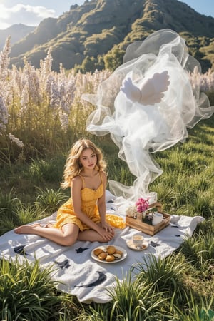 A whimsical scene unfolds: A young girl, dressed in a vibrant yellow sundress, sits amidst a lush meadow, surrounded by wisteria blooms and wispy clouds. Phantom, the mysterious entity, floats beside her, his ethereal form shimmering in the warm sunlight. The picnic blanket, adorned with intricately drawn stars and crescent moons, lies before them, filled with an assortment of colorful pastries and delicate tea cups. As they dine, the girl's eyes sparkle with wonder, while Phantom's gaze seems lost in thought, his presence exuding an otherworldly aura amidst the fantastical setting.