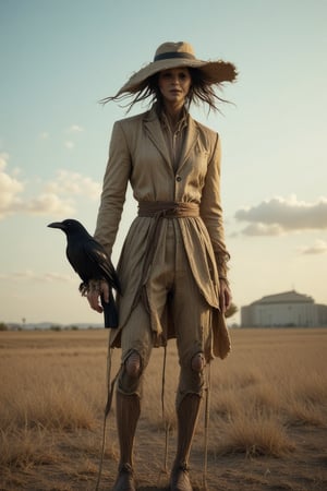 A worn, tattered scarecrow stands tall in a desolate field, its straw-stuffed body swaying gently in the breeze. A sleek black crow perches on its shoulder, pecking at the rough fabric with its sharp beak, as if searching for sustenance. The sun casts long shadows across the dry earth, highlighting the textures of the scarecrow's worn clothing and the crow's glossy feathers.