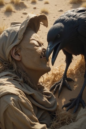 A close-up shot of a worn-out scarecrow, its straw-stuffed limbs and tattered clothes beset by a persistent black crow, beak pecking at the fabric with relentless intensity. The sun casts long shadows on the dry earth as the crow's dark form dominates the frame, while the scarecrow's limp pose conveys a sense of helpless resignation.