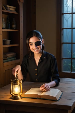 A young girl with a mischievous grin and an eyepatch, sitting on a worn wooden chest in the corner of a dimly lit, vintage-inspired apothecary. Soft, warm lighting casts a golden glow on her features as she holds a leather-bound book and a brass key, surrounded by dusty jars and mysterious artifacts.