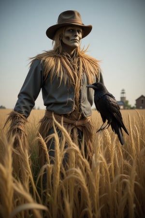 A close-up shot of a weathered scarecrow standing tall in a rustic cornfield, its straw-stuffed body and tattered clothes perfectly capturing the essence of rural decay. A sleek black crow, its feathers glistening in the warm sunlight, lands delicately on the scarecrow's shoulder, pecking gently at the coarse fabric with its sharp beak. The surrounding landscape is a tapestry of golden wheat and verdant green, with the distant farmhouse and barns forming a picturesque backdrop. The scarecrow's worn face wears a stoic expression, as if resigned to its fate, while the crow's piercing gaze seems to convey a sinister intent.