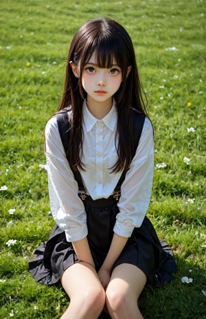 A young girl sitting cross-legged on a grass