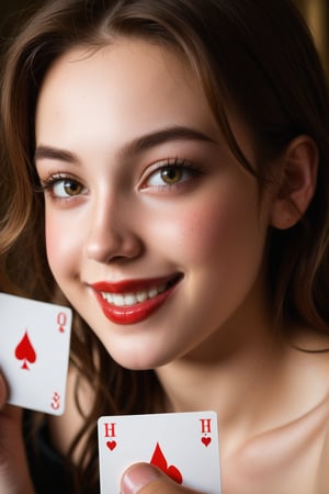 A close-up shot of a Joker's grinning face suddenly emerging from a worn, vintage-style deck of cards. The lighting is dim, with a warm glow emanating from the cards themselves, as if they're imbued with a magical aura. The Joker's eyes seem to gleam with mischief, and his bright red lips are curled into a sly smile. The camera captures the sudden surprise and whimsy of the moment.