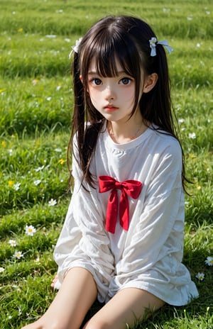 A young girl sitting cross-legged on a grass