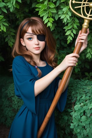 A young girl with a stylish eyepatch and tousled brown hair gazes upward, her bright blue eyes sparkling in the warm sunlight. Framed against a vibrant green background of overgrown bushes and tall trees, she poses on a weathered stone wall, one hand grasping a worn wooden staff. The sky above is a brilliant blue with only a few wispy clouds, casting a gentle glow on the scene.