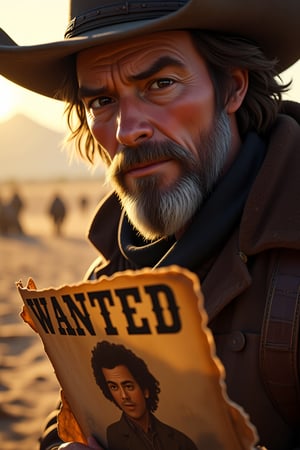 A close-up shot of a rugged bounty hunter's face, eyes fixed intently on a worn and tattered wanted poster. Harsh overhead lighting casts deep shadows, accentuating the hunter's determined expression. The camera frames his weathered features against a blurred background of dusty, sun-scorched terrain, conveying the vast expanse of the American frontier. His piercing gaze is narrowed in focus, studying every detail on the poster.