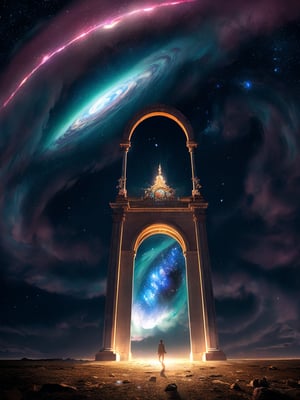 A digital artwork featuring a majestic celestial gateway unfolding in the night sky, with swirling clouds of deep blues and purples serving as a backdrop. The glowing archway, adorned with intricate, pulsing lights, appears to be emerging from a vortex of starry darkness, its edges softly blurred to convey a sense of depth.