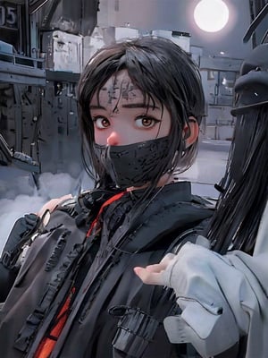 A stealthy masked girl, dressed in a sleek black ninja suit, crouches behind a stone wall, her eyes gleaming with intensity as she surveys the darkening cityscape. The moon casts long shadows across the rooftops, illuminating the misty night air. Her mask's silver trim catches the faint light, reflecting her determination to remain hidden.