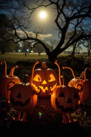 A whimsical Halloween scene: A group of dancing pumpkins, their bright orange skin glowing in the warm light of a full moon. The camera captures them from above, framing the trio in a circular formation, as if performing a ritual dance around a glowing jack-o'-lantern centerpiece. Silhouettes of trees sway gently in the background, while spider webs glisten with dew, adding to the mystical atmosphere.