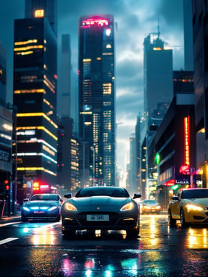 Composite a futuristic cityscape at dusk with neon lights reflecting off a wet pavement, showcasing a sleek black sports car driving into frame, its tires screeching on the rain-soaked road as it approaches a majestic skyscraper's glowing entrance, set against a vibrant purple-blue sky with wispy clouds.