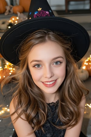 A close-up shot of a sweet young girl donning a playful Halloween makeup look. She's sitting in front of a pumpkin-filled porch with a warm autumnal glow illuminating her features. Her bright blue eyes sparkle with excitement as she gazes directly at the camera, her rosy cheeks flushed from excitement. A few strategically placed fake spider webs and colorful glitter accents add to the whimsical charm of this little witch's costume, complete with a miniature pointy hat and a mischievous grin that hints at the treats she's collected in her trick-or-treat bag.