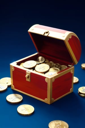 A close-up shot of a gleaming golden treasure chest overflowing with sparkling jewels and coins, set against a dark blue background with subtle highlights of moonlight. The lid is slightly ajar, revealing a hint of glittering riches within.