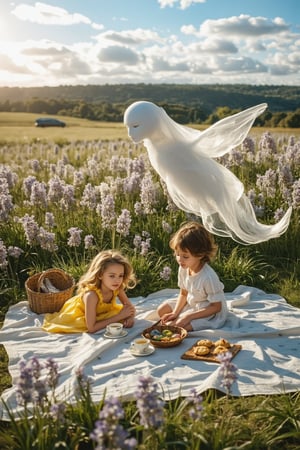 A whimsical scene unfolds: A young girl, dressed in a vibrant yellow sundress, sits amidst a lush meadow, surrounded by wisteria blooms and wispy clouds. Phantom, the mysterious entity, floats beside her, his ethereal form shimmering in the warm sunlight. The picnic blanket, adorned with intricately drawn stars and crescent moons, lies before them, filled with an assortment of colorful pastries and delicate tea cups. As they dine, the girl's eyes sparkle with wonder, while Phantom's gaze seems lost in thought, his presence exuding an otherworldly aura amidst the fantastical setting.