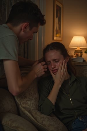 A distressed young woman sits on a worn, beige couch, tears streaming down her face as she clutches her cheek in a gesture of pain. Her boyfriend's firm grip can be seen pinching her skin, his expression stern with an undercurrent of anger. The dimly lit room is filled with the warm glow of a nearby lamp, casting long shadows on the walls.