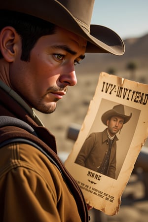 A close-up shot of a rugged bounty hunter's face, eyes fixed intently on a worn and tattered wanted poster. Harsh overhead lighting casts deep shadows, accentuating the hunter's determined expression. The camera frames his weathered features against a blurred background of dusty, sun-scorched terrain, conveying the vast expanse of the American frontier. His piercing gaze is narrowed in focus, studying every detail on the poster.