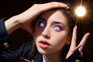 A mesmerizing close-up shot of a skilled magician's hands, fingers deftly weaving intricate patterns as he gazes intensely into the eyes of a wide-eyed, entranced young girl. Soft, golden lighting casts a warm glow on their faces, while the background fades to subtle focus. The girl's pose is relaxed, yet her gaze remains fixed on the magician's hypnotic stare.