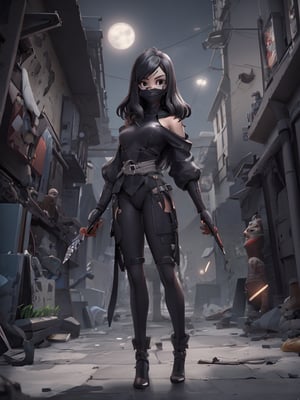 A dark alleyway at dusk, a masked girl stands confidently with a determined gaze, her black ninja garb blending into the shadows. A faint moon casts an eerie glow on her face, highlighting the intricate design of her mask. Her hand rests on the hilt of her sword, ready to strike.