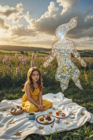 A whimsical scene unfolds: A young girl, dressed in a vibrant yellow sundress, sits amidst a lush meadow, surrounded by wisteria blooms and wispy clouds. Phantom, the mysterious entity, floats beside her, his ethereal form shimmering in the warm sunlight. The picnic blanket, adorned with intricately drawn stars and crescent moons, lies before them, filled with an assortment of colorful pastries and delicate tea cups. As they dine, the girl's eyes sparkle with wonder, while Phantom's gaze seems lost in thought, his presence exuding an otherworldly aura amidst the fantastical setting.